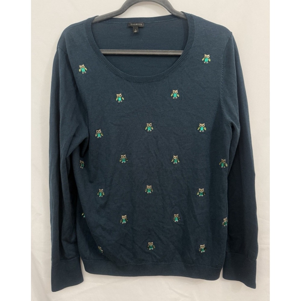 Talbots Pullover Sweater Owl Jewel Embellished‎ Crew Neck Green Size L *FLAW